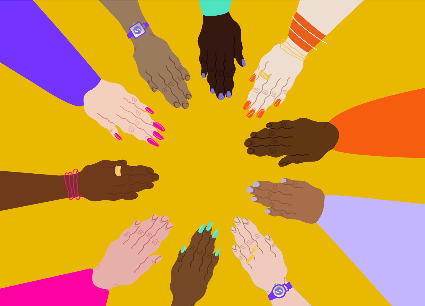 Diverse range of hands reaching for the centre to form a circle