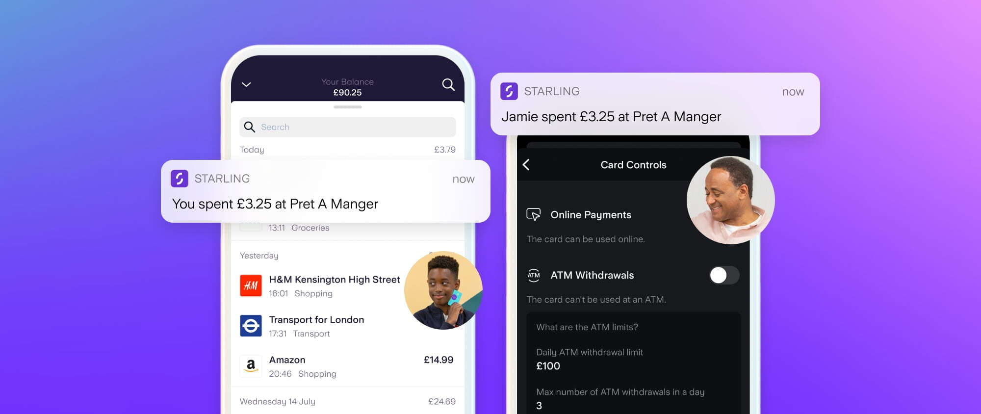 Starling app screens showing highlighted transactions on Kite account