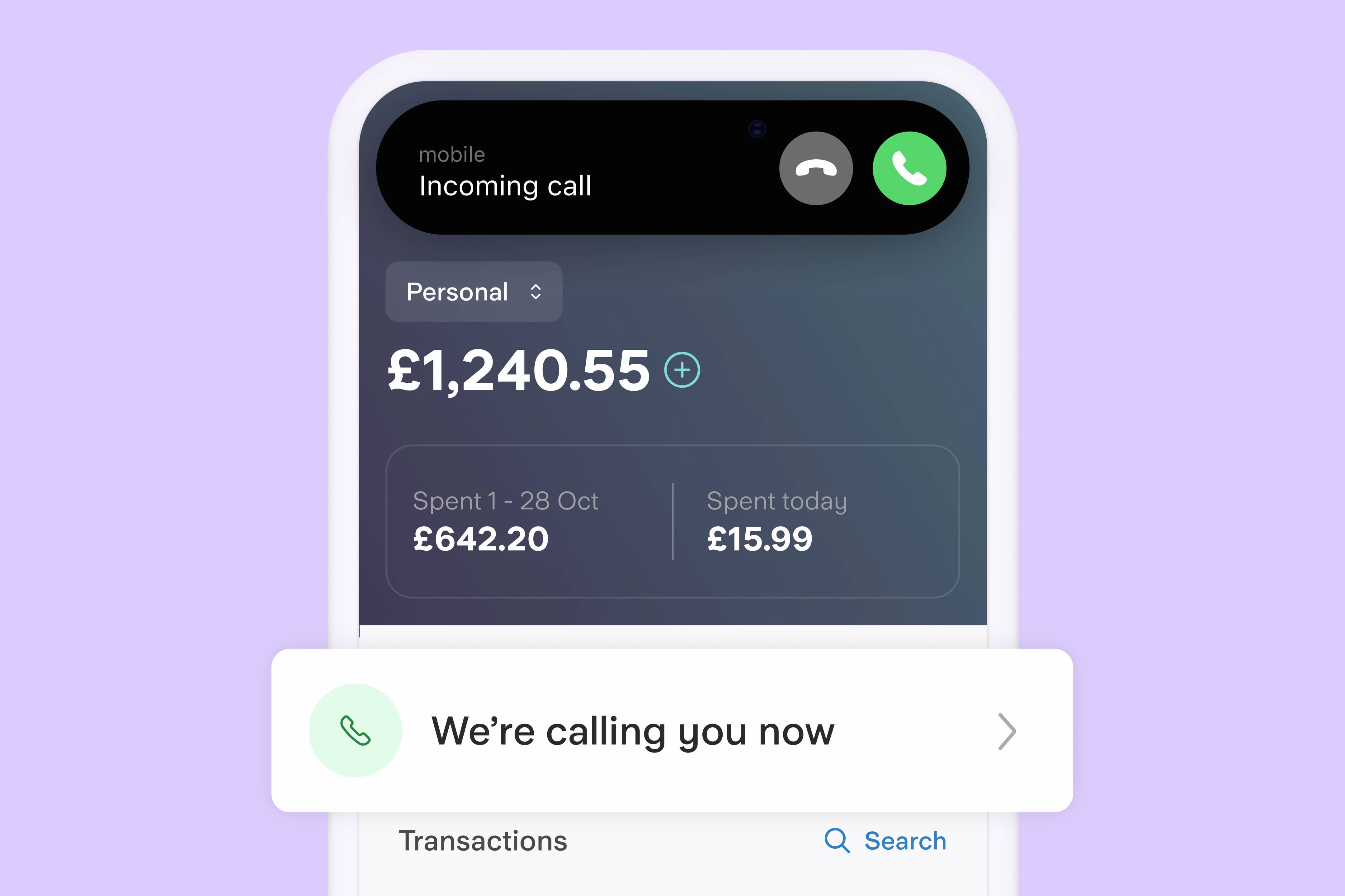 Phone showing an incoming call and a banner on the Starling app saying 'We're calling you now'